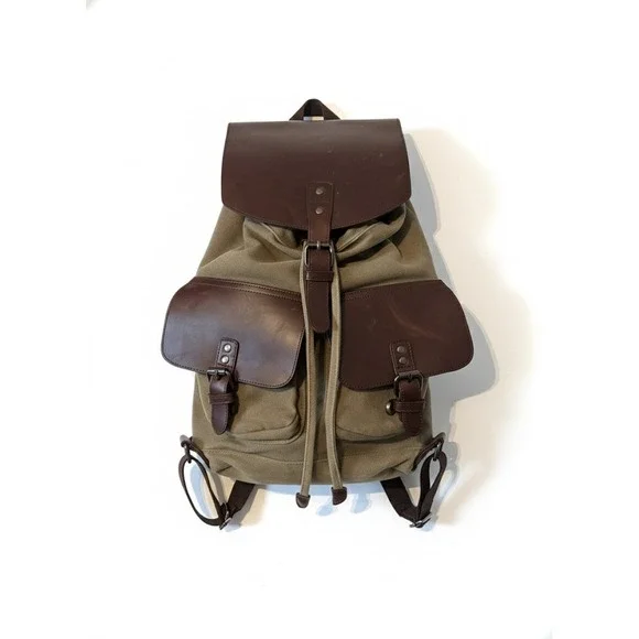 Canvas Leather‎ Trim Flap Top Drawstring Backpack Khaki Brown Vtg Style School - Picture 2 of 4